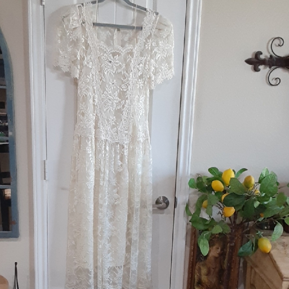 Vintage 80s Casual Corner Runway 2-Piece Illusion Lace Maxi Dress Set 7/8 (XS/S)